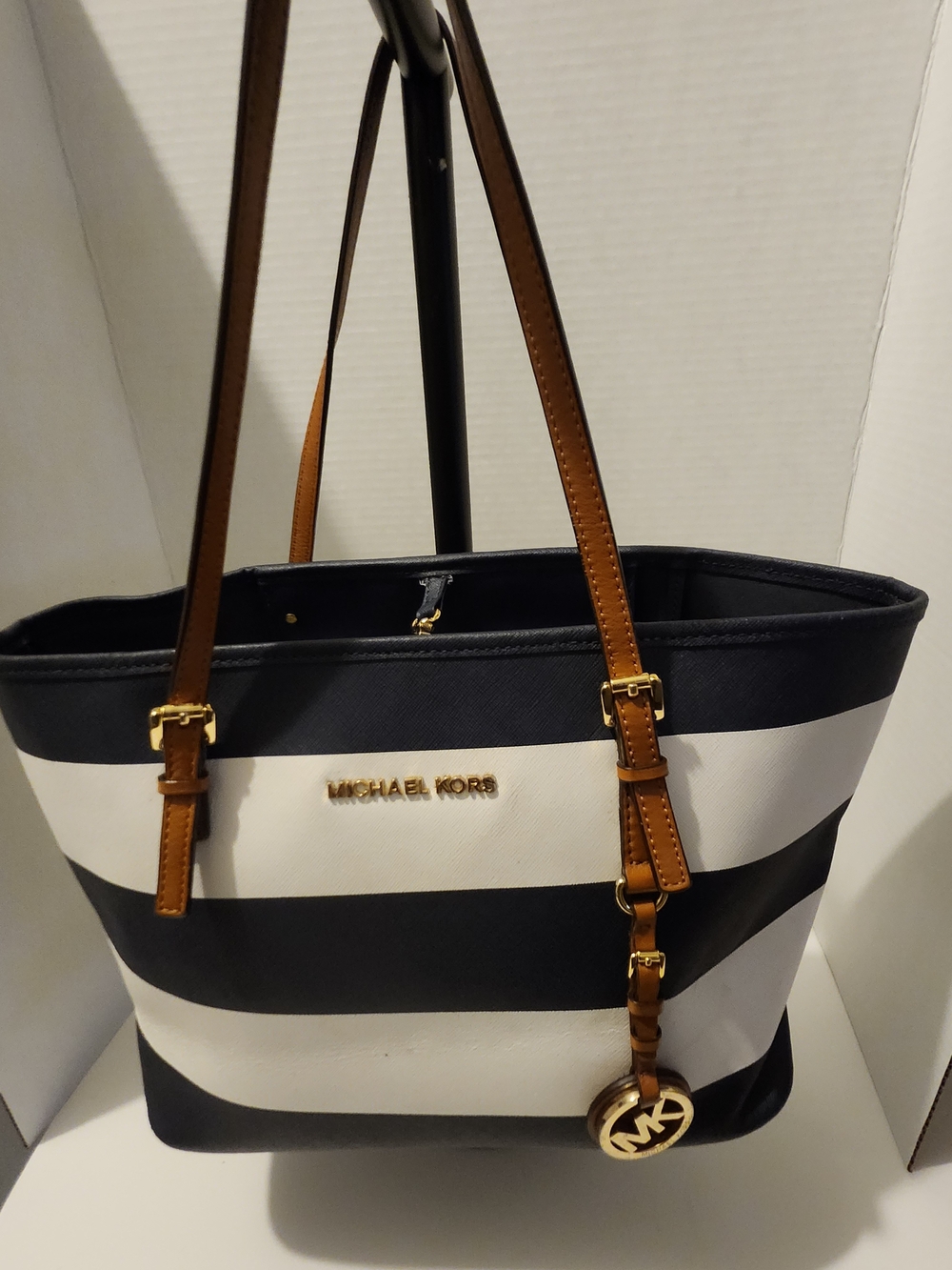 Michael Kors Black & White Striped Tote with Brown Leather Straps
